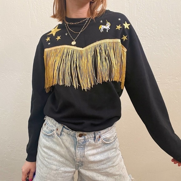 Black Unicorn Star Embroidered Gold Fringe Crewneck Sweatshirt - Picture 1 of 4